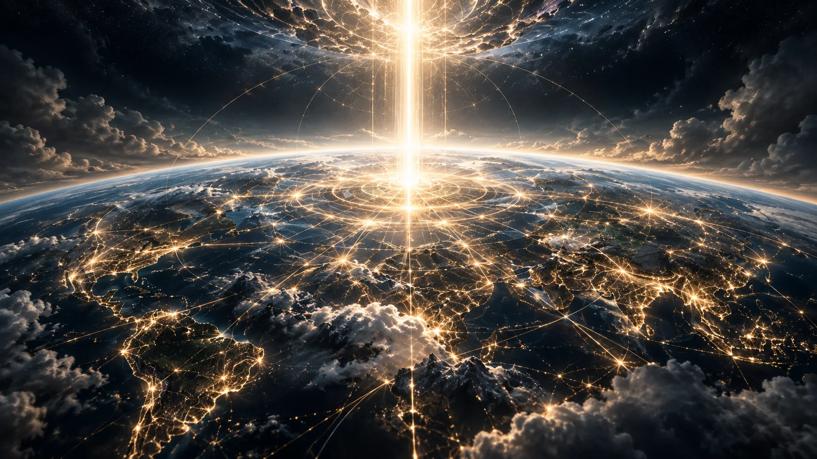 Golden light illuminating and connecting the Earth