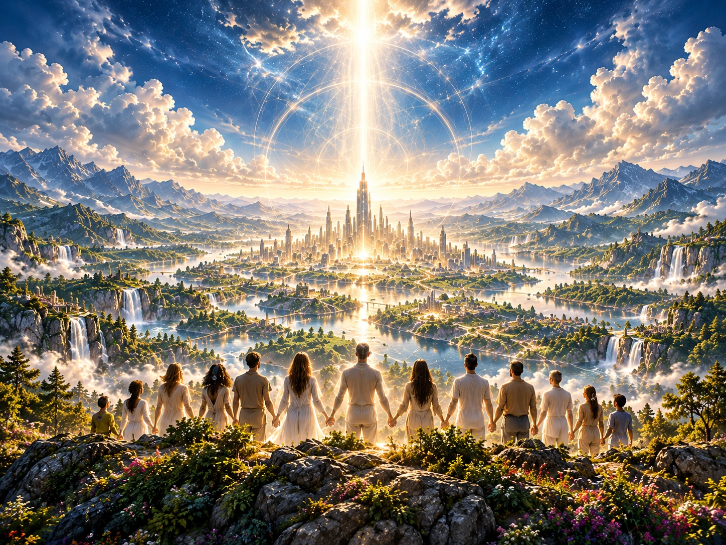 Personas contemplando un nuevo mundo radiante iluminado por la Luz divina